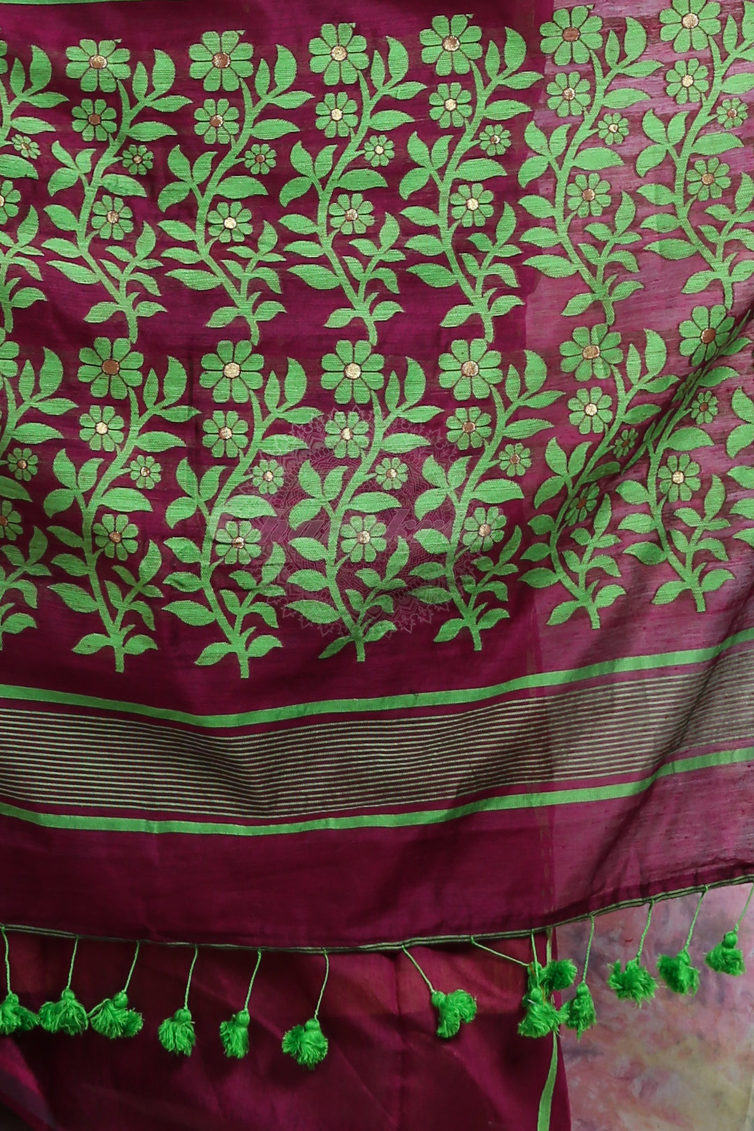 Wine Jamdani With Green Thread Weaving Saree And Jhumka Pompom freeshipping - Charukriti