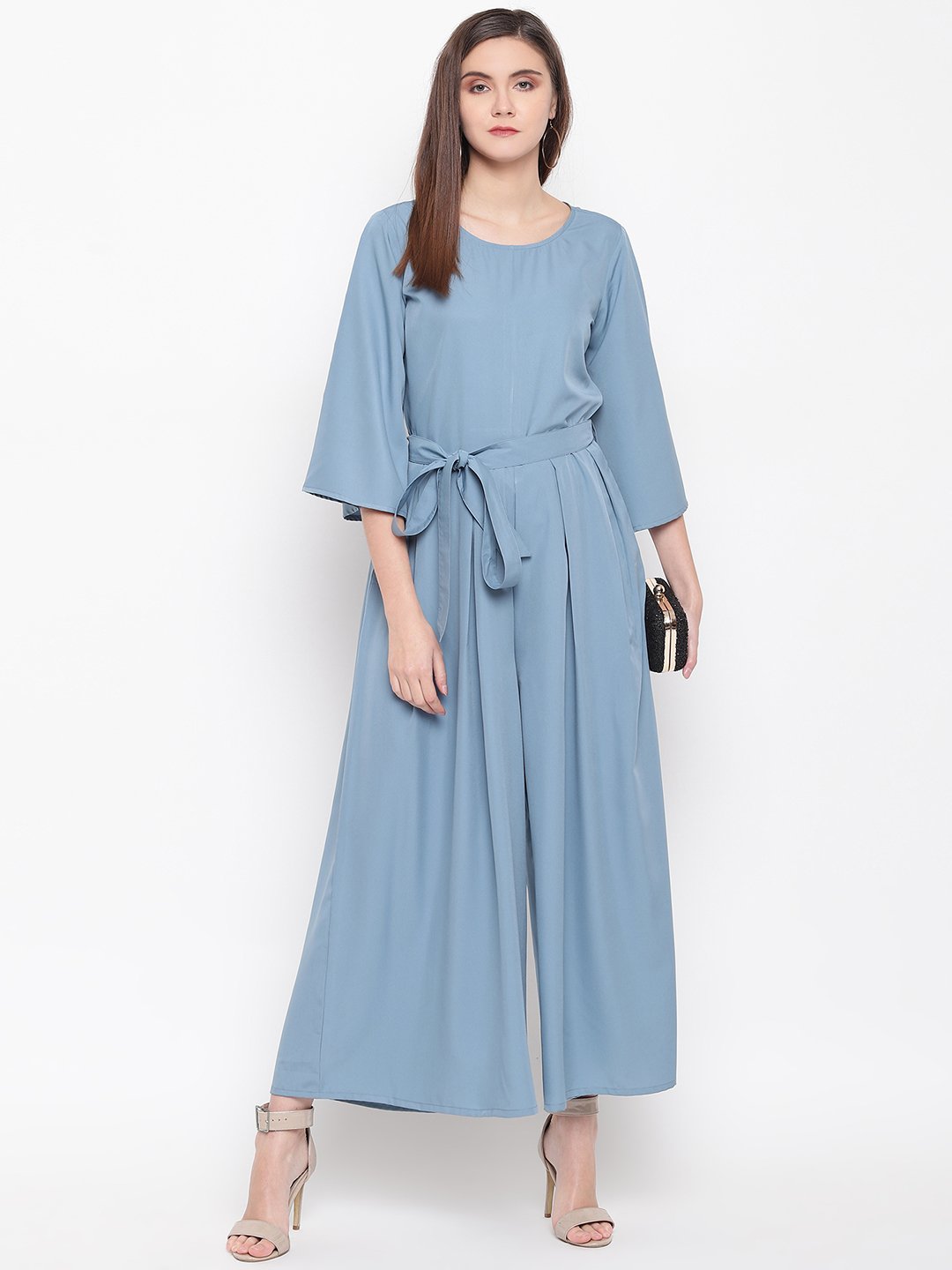 Crepe grey wide legged jumpsuit with bell sleeves and waist tie up.-Jumpsuit-Fabnest