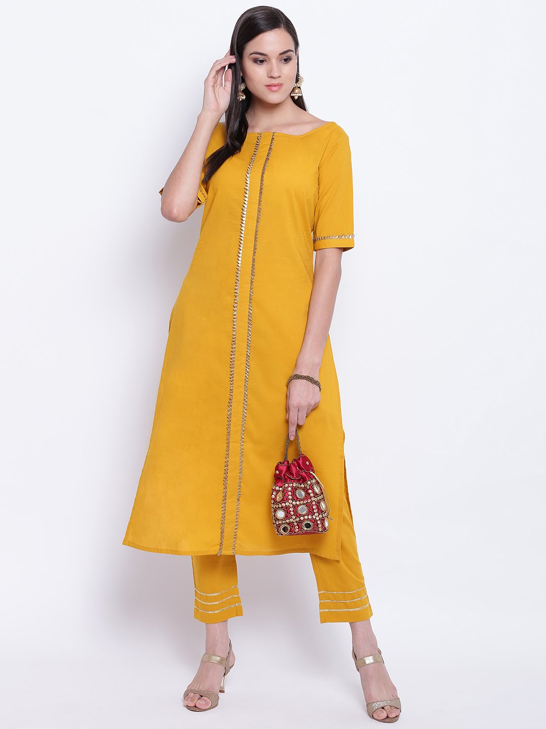 Cotton yellow straight kurta set with antique gold gota inserts-Kurta Set-Fabnest