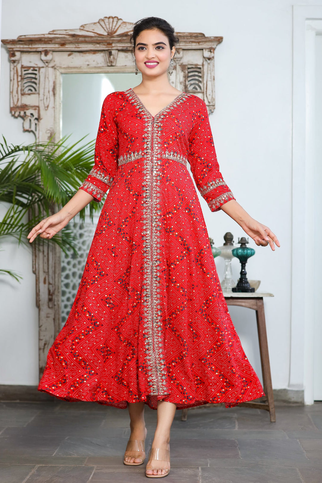 Red Bandhani Embroidered Dress Yufta Store