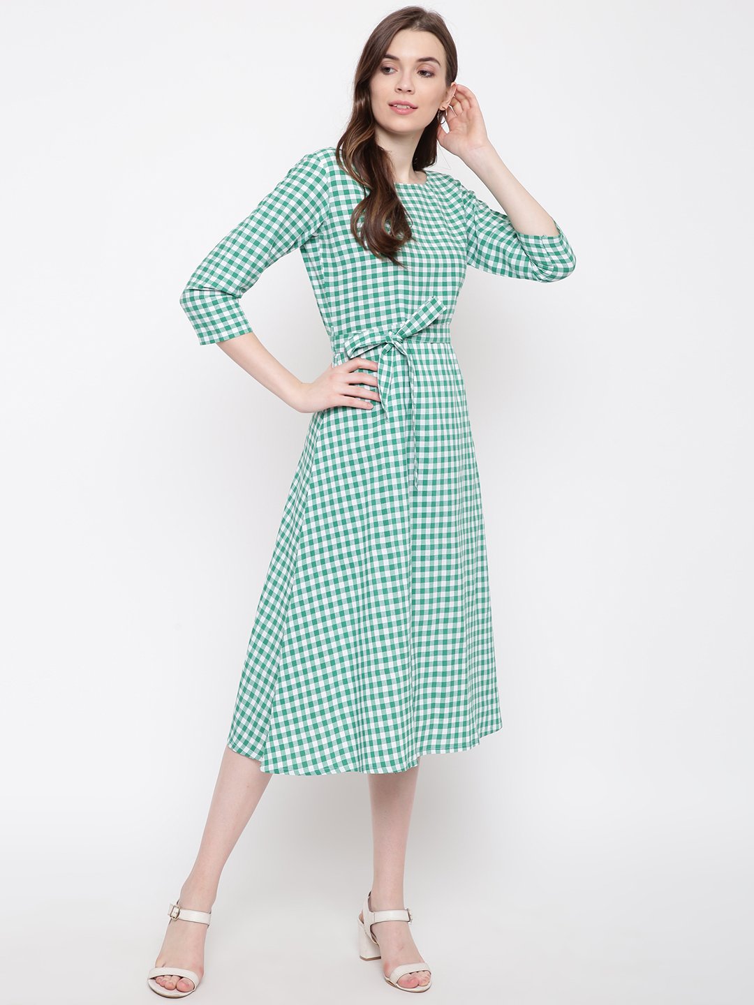Handloom cotton green/white check dress with belt-Dresses-Fabnest
