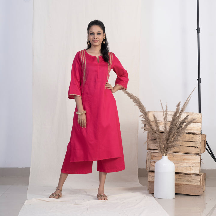 Akiso Pink Round With Front Slit Neck Kurta With Palazzo And Blue Dupatta (Set of 3)
