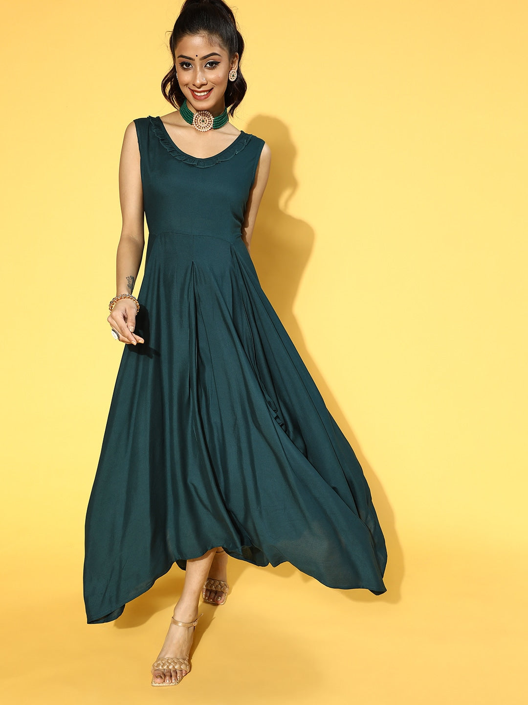 Teal Green Solid Maxi Dress Yufta Store