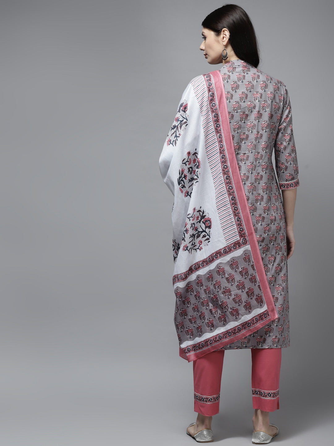 Grey Cotton Ethnic Printed Dupatta Set Yufta Store