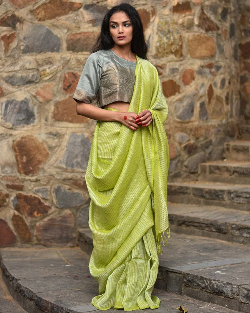 Chidiyaa Vivid Lime Green Handwoven Linen Saree 1