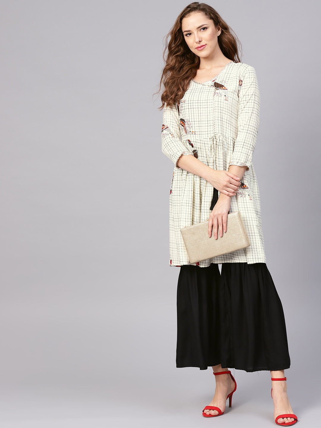 Off-White & Black Checked Kurta Set Yufta