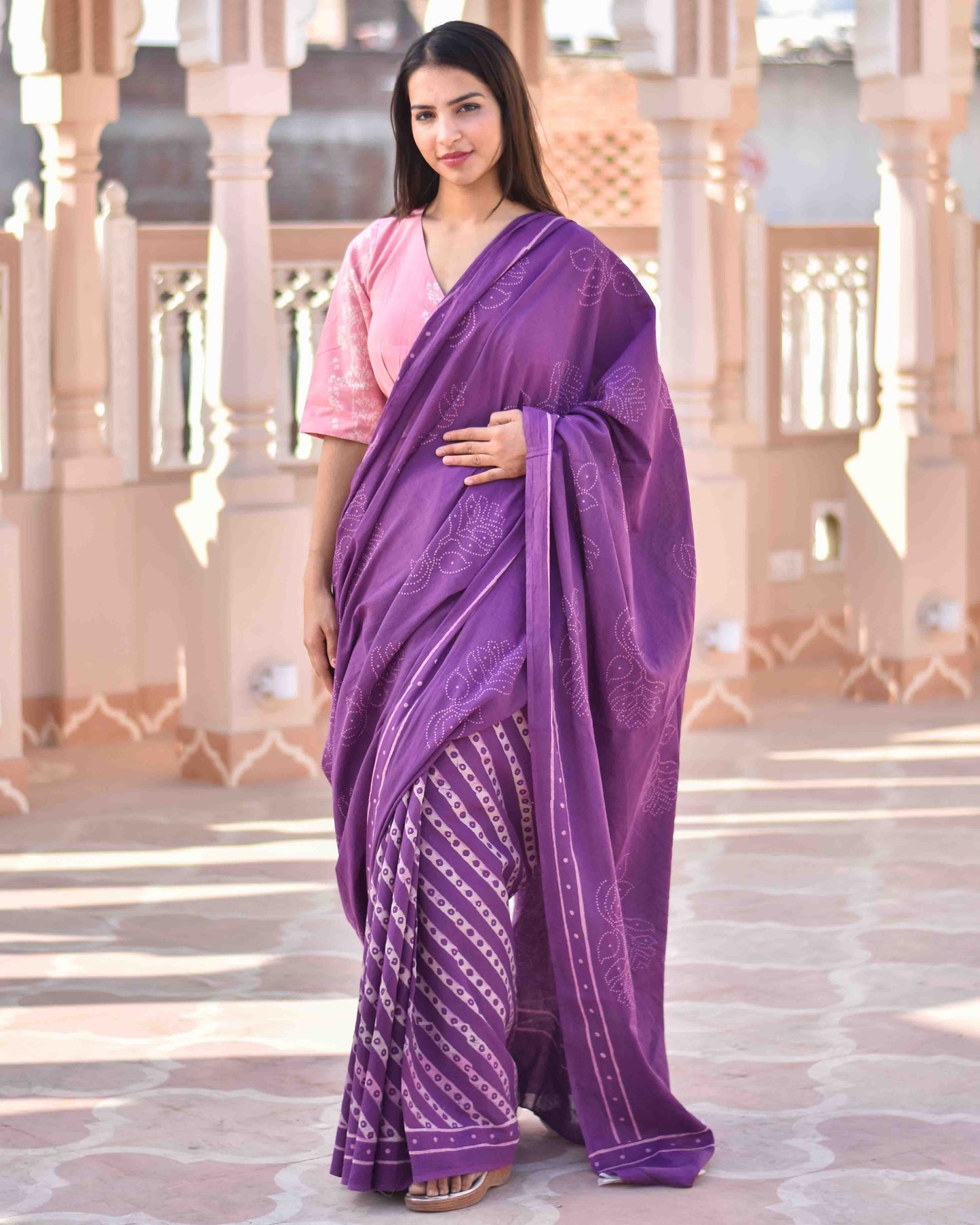 Chidiyaa SKD Purple Handprinted Pure Cotton Saree