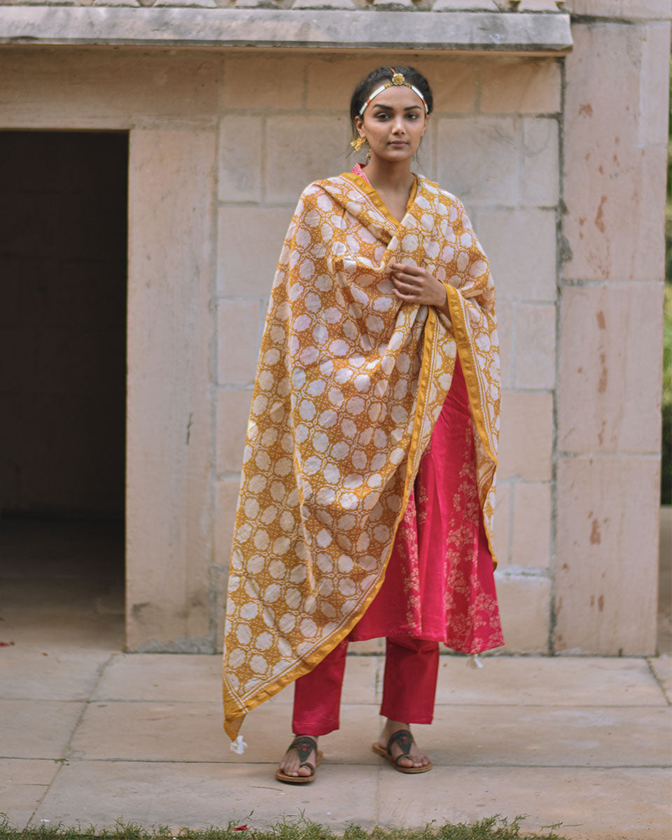 Chidiyaa Mustard Blockprinted Mashru Silk Dupatta