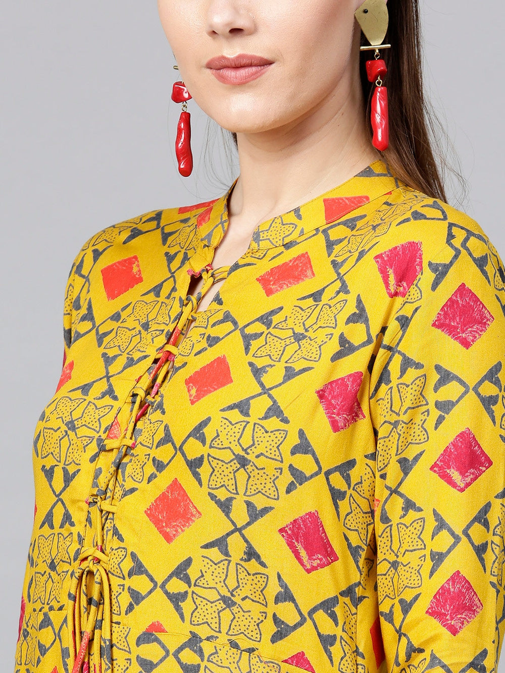 Mustard Yellow & Grey A-Line Kurta Yufta