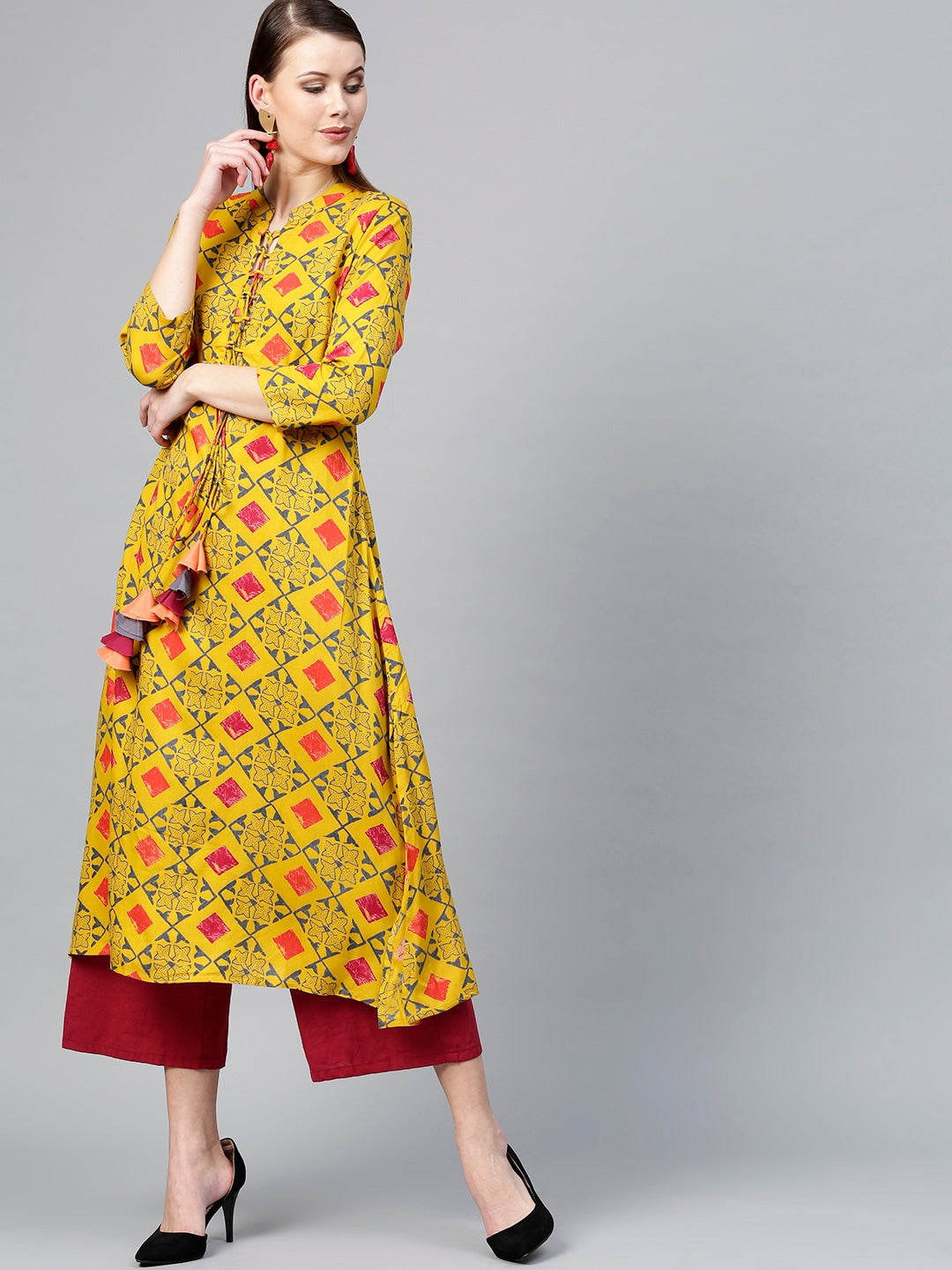 Mustard Yellow & Grey A-Line Kurta Yufta