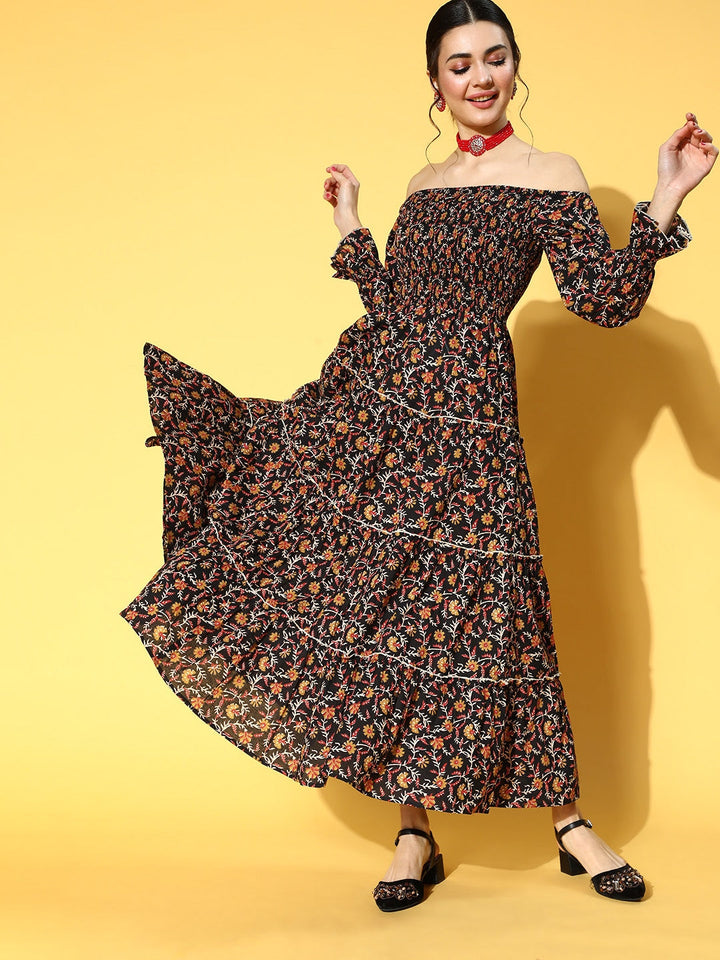 Black & Mustard Ethnic Printed Dress Yufta Store