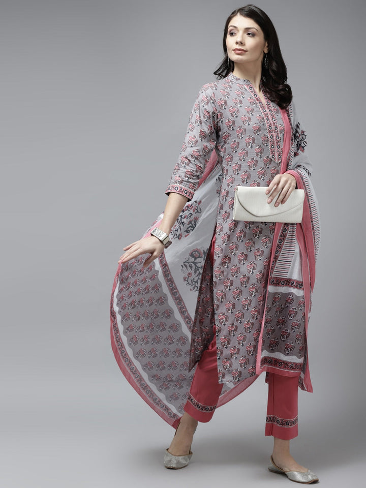 Grey Cotton Ethnic Printed Dupatta Set Yufta Store