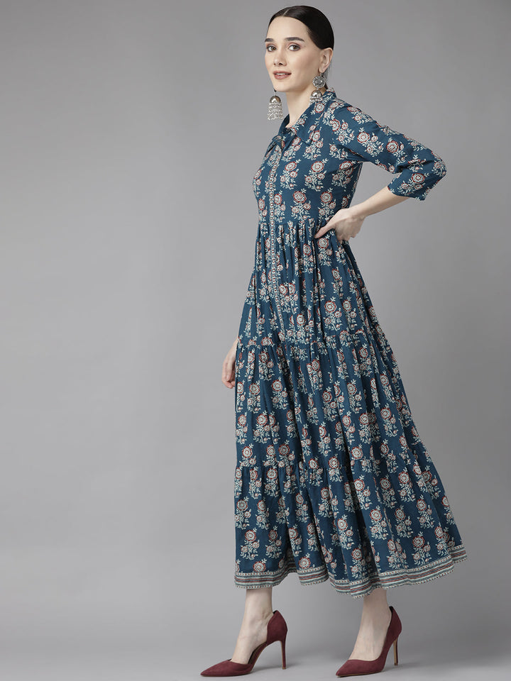 Blue Print Cotton Maxi Dress Yufta Store