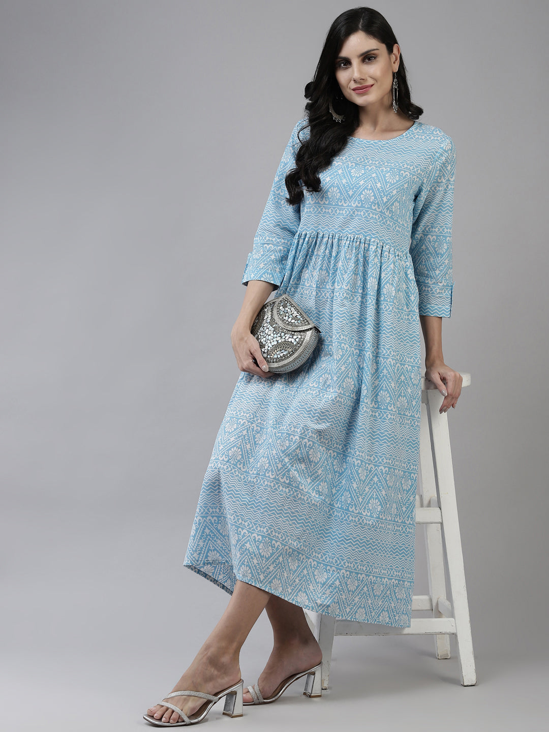 Blue Cotton Ethnic Midi Dress Yufta Store