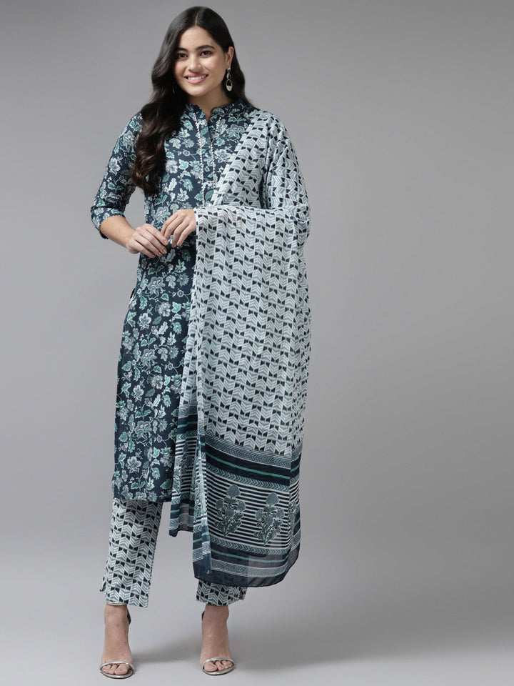 Navy Blue Printed Cotton Dupatta Set Yufta Store