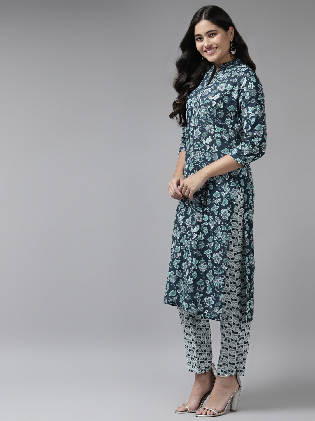 Navy Blue Printed Cotton Dupatta Set Yufta Store