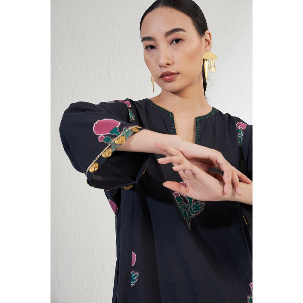 Aavidi By Dimple Gulnaar Navy Blue Floral Co-ord (Set of 2)