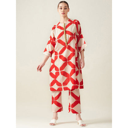 Aavidi By Dimple Red Clamp Printed Embroidered Co-Ord (Set of 2)