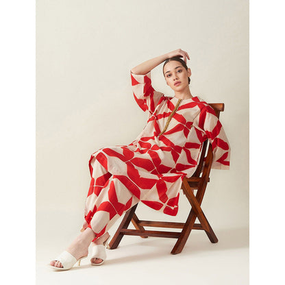 Aavidi By Dimple Red Clamp Printed Embroidered Co-Ord (Set of 2)