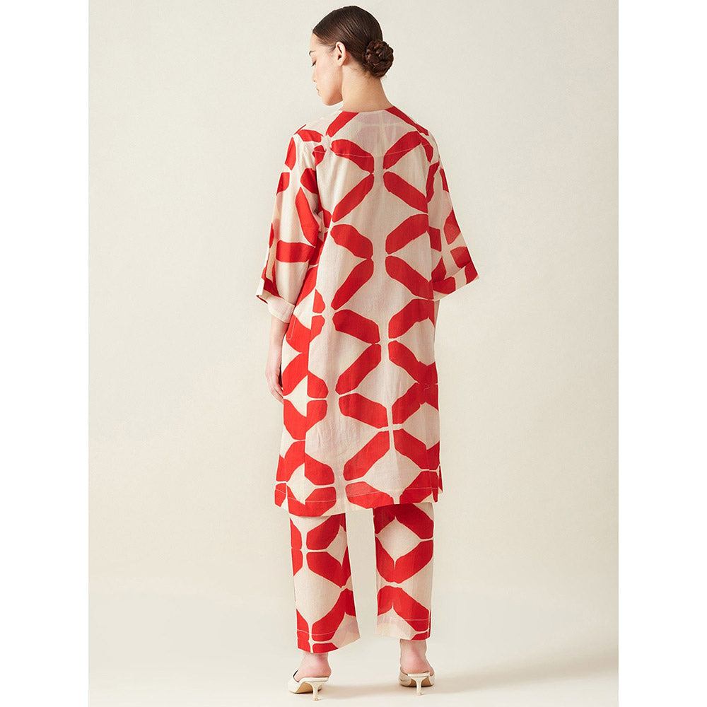 Aavidi By Dimple Red Clamp Printed Embroidered Co-Ord (Set of 2)