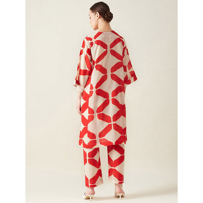 Aavidi By Dimple Red Clamp Printed Embroidered Co-Ord (Set of 2)