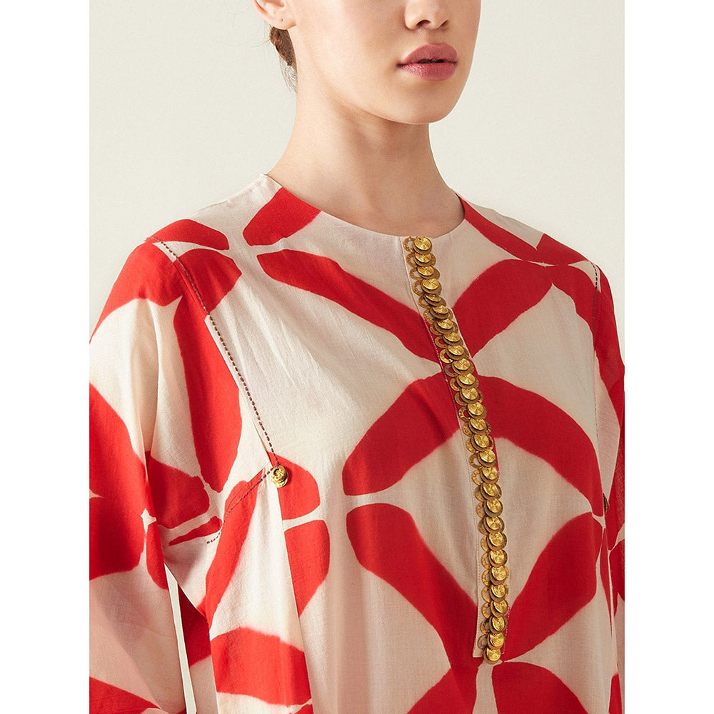 Aavidi By Dimple Red Clamp Printed Embroidered Co-Ord (Set of 2)