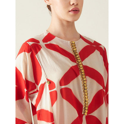 Aavidi By Dimple Red Clamp Printed Embroidered Co-Ord (Set of 2)