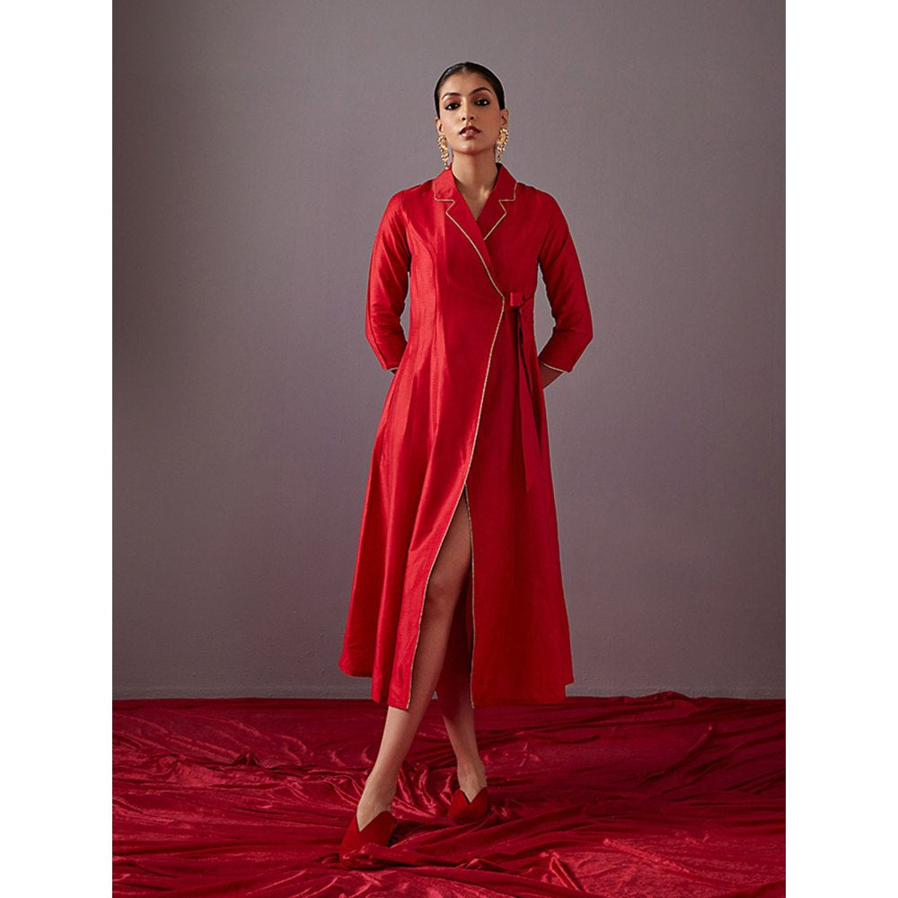 Abhishti Scarlet Red Lapel Collared Wrap Dress