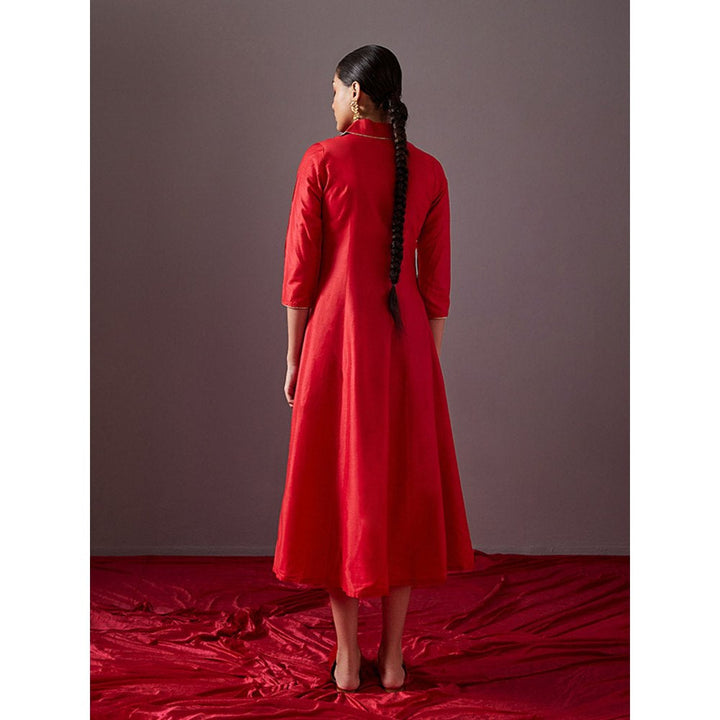 Abhishti Scarlet Red Lapel Collared Wrap Dress