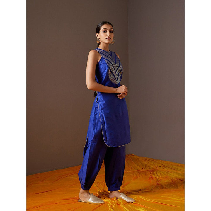 Abhishti Banarasi Zari Yoke High-Low Kurta With Imperial Blue Pathani Pants (Set of 2)