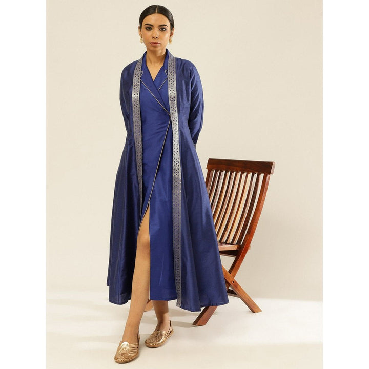 Abhishti Lapel Collared Wrap Dress with Banarasi Jacket Imperial Blue (Set of 2)