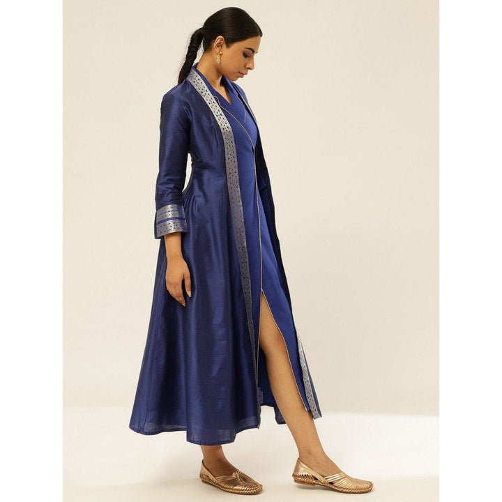 Abhishti Lapel Collared Wrap Dress with Banarasi Jacket Imperial Blue (Set of 2)