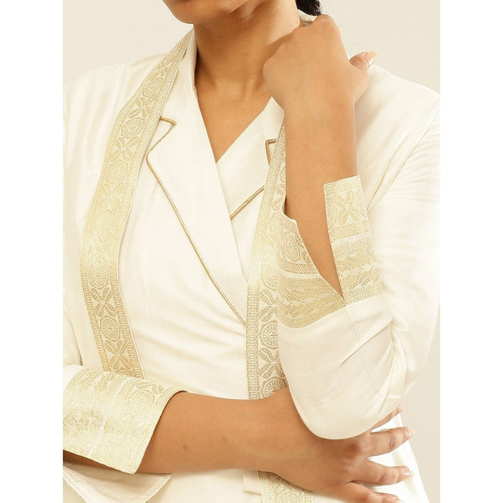 Abhishti Lapel Collared Wrap Dress with Banarasi Jacket Pearl White (Set of 2)