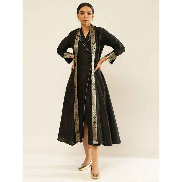 Abhishti Lapel Collared Wrap Dress with Banarasi Jacket Metallic Black (Set of 2)