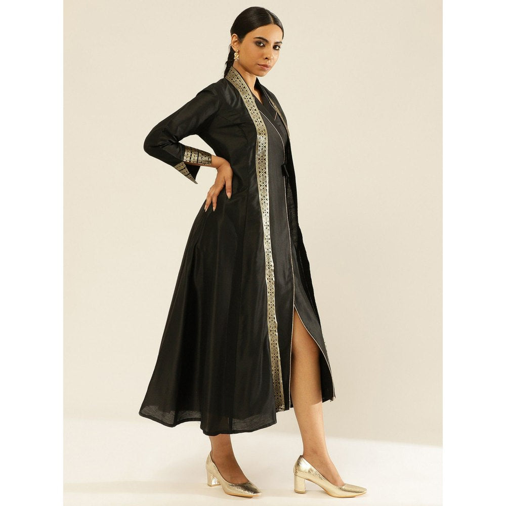 Abhishti Lapel Collared Wrap Dress with Banarasi Jacket Metallic Black (Set of 2)