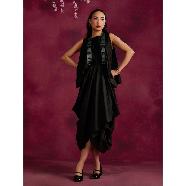 Abhishti Asymmetrical Cowl Dress With Zari Border High Low Hem Jacket Black (Set of 2)