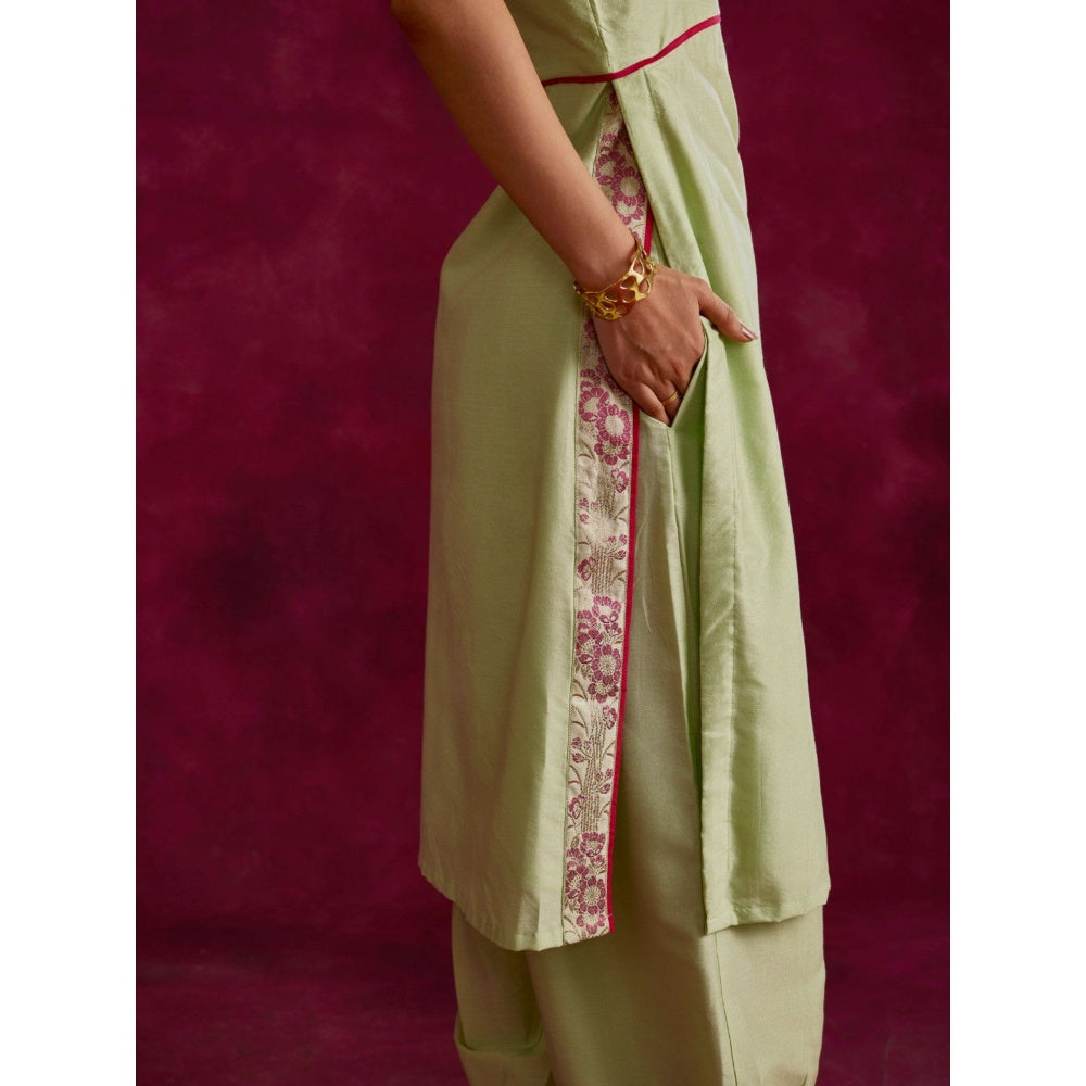 Abhishti Straight Kurta With Floral Zari Slits With Pathani Pants Pistachio Green (Set of 2)