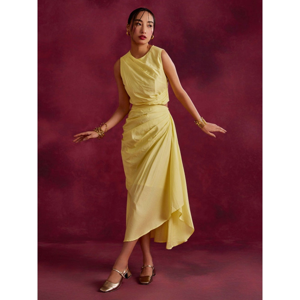 Abhishti Solid Pleated Drape Top & Skirt Co-Ord Lemon Yellow (Set of 2)