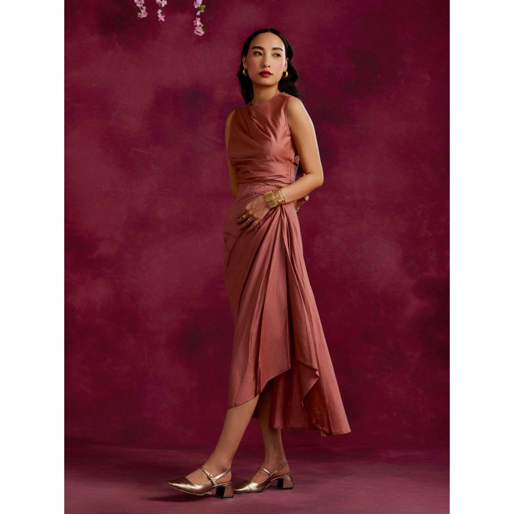 Abhishti Solid Pleated Drape Top & Skirt Co-Ord Rose Brown (Set of 2)