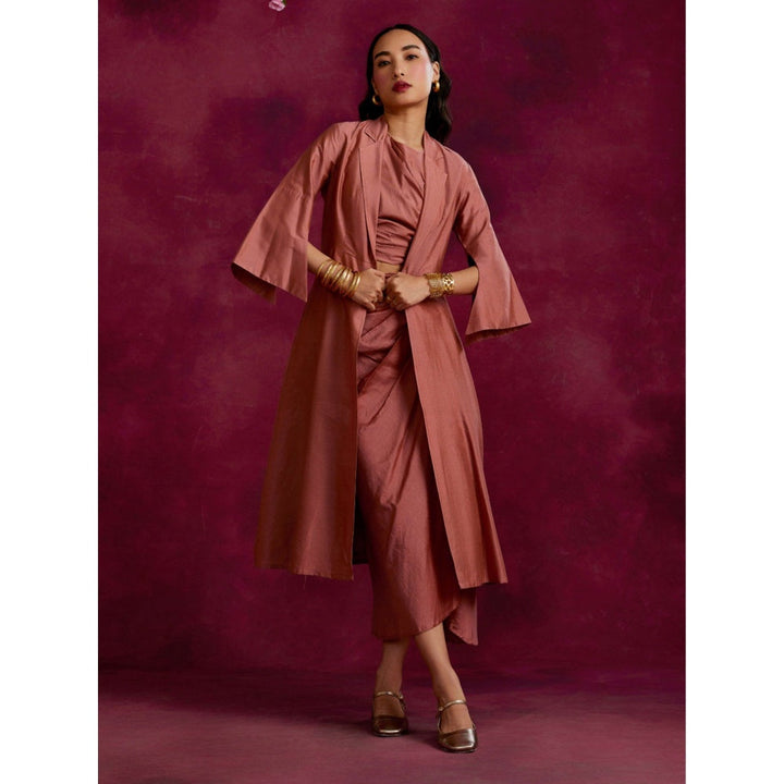 Abhishti Pleated Drape Top & Skirt Co-Ord Layered With Flared Jacket Rose Brown (Set of 3)