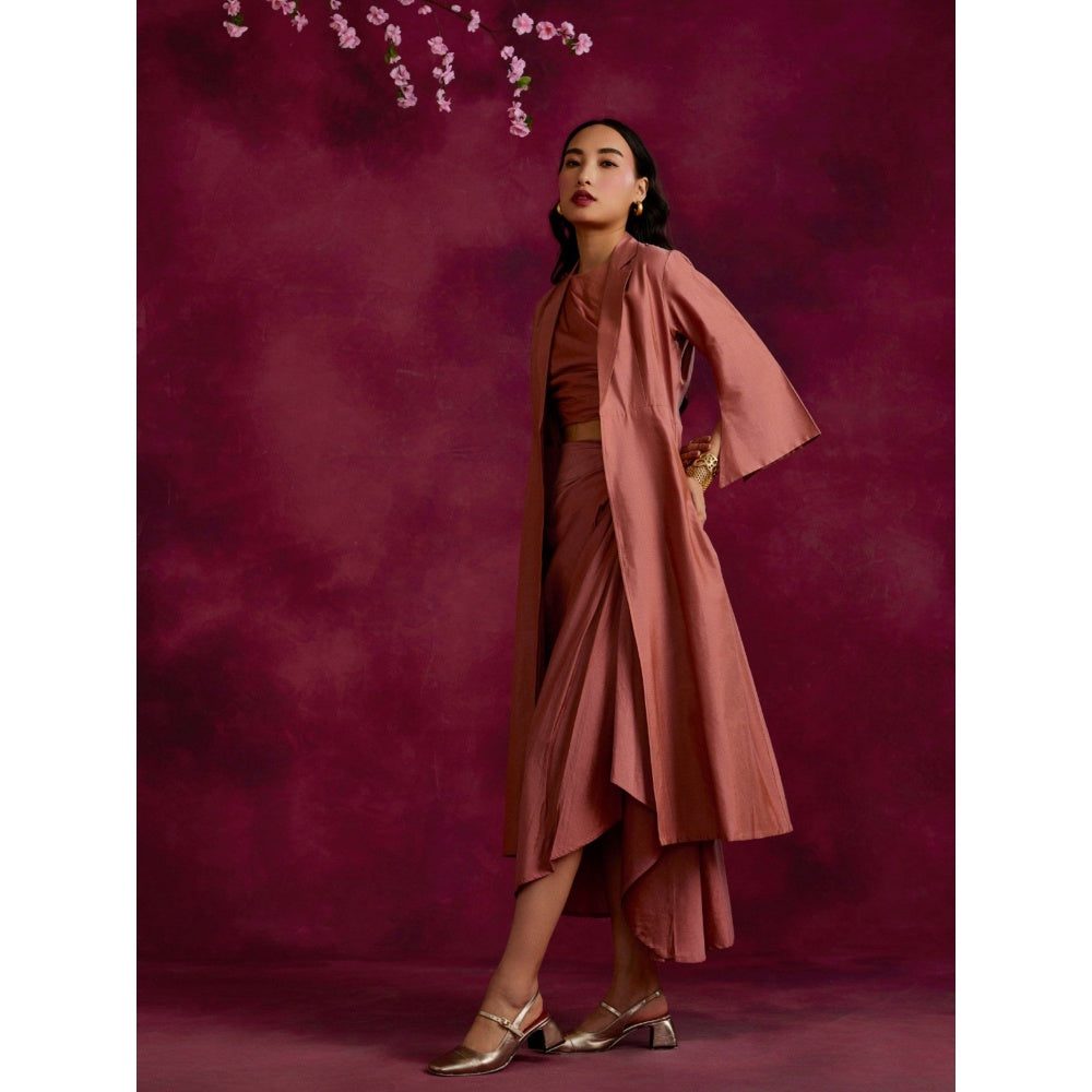 Abhishti Pleated Drape Top & Skirt Co-Ord Layered With Flared Jacket Rose Brown (Set of 3)