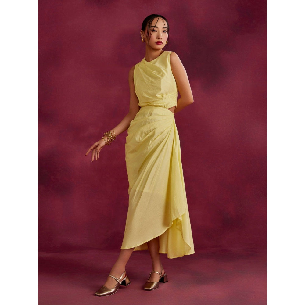 Abhishti Solid Asymmetric Drape Skirt Lemon Yellow