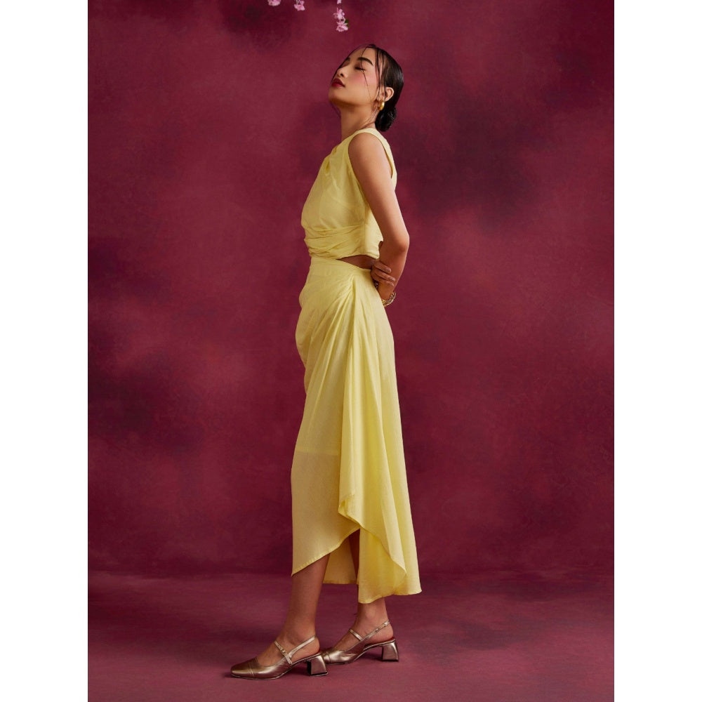 Abhishti Solid Asymmetric Drape Skirt Lemon Yellow