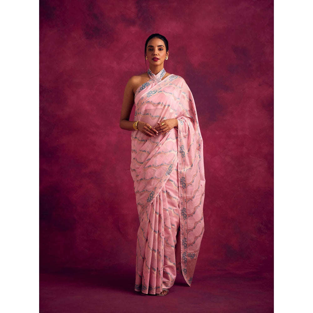 Abhishti Banarasi Kamikaze Woven Zari Saree without Blouse-Rich Pink