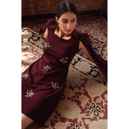 AlterEGO Falling Sleeve Embellished Wine Bodycon