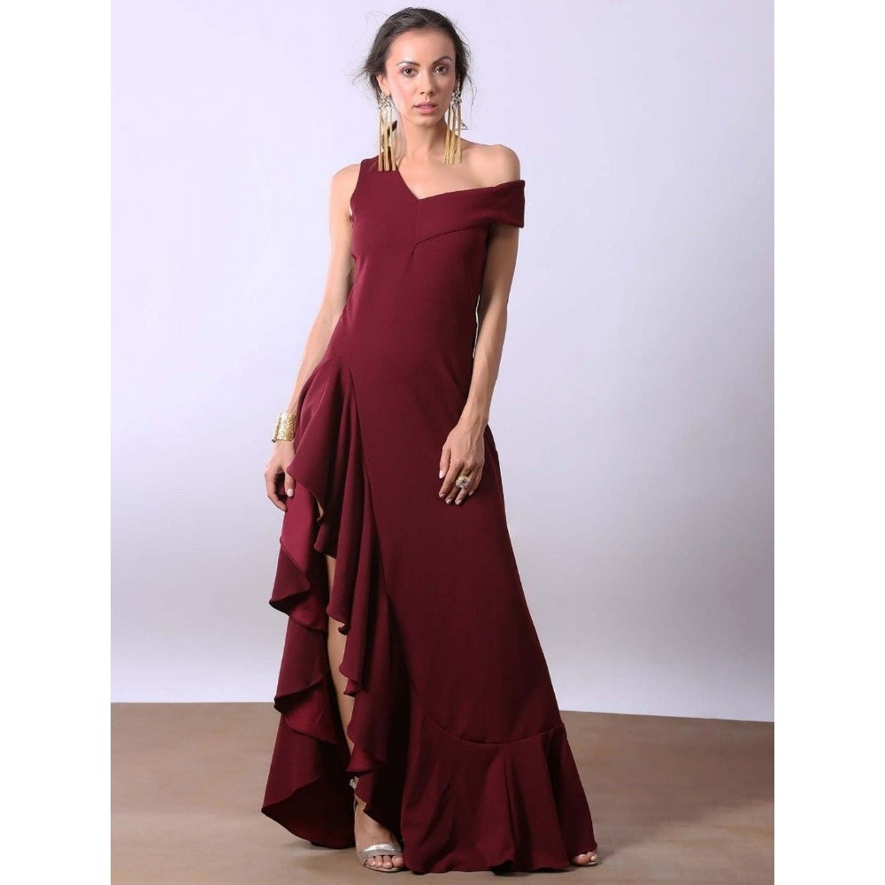 AlterEGO Bardot Ruffle Front Slit Wine Maxi