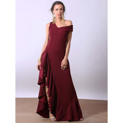 AlterEGO Bardot Ruffle Front Slit Wine Maxi