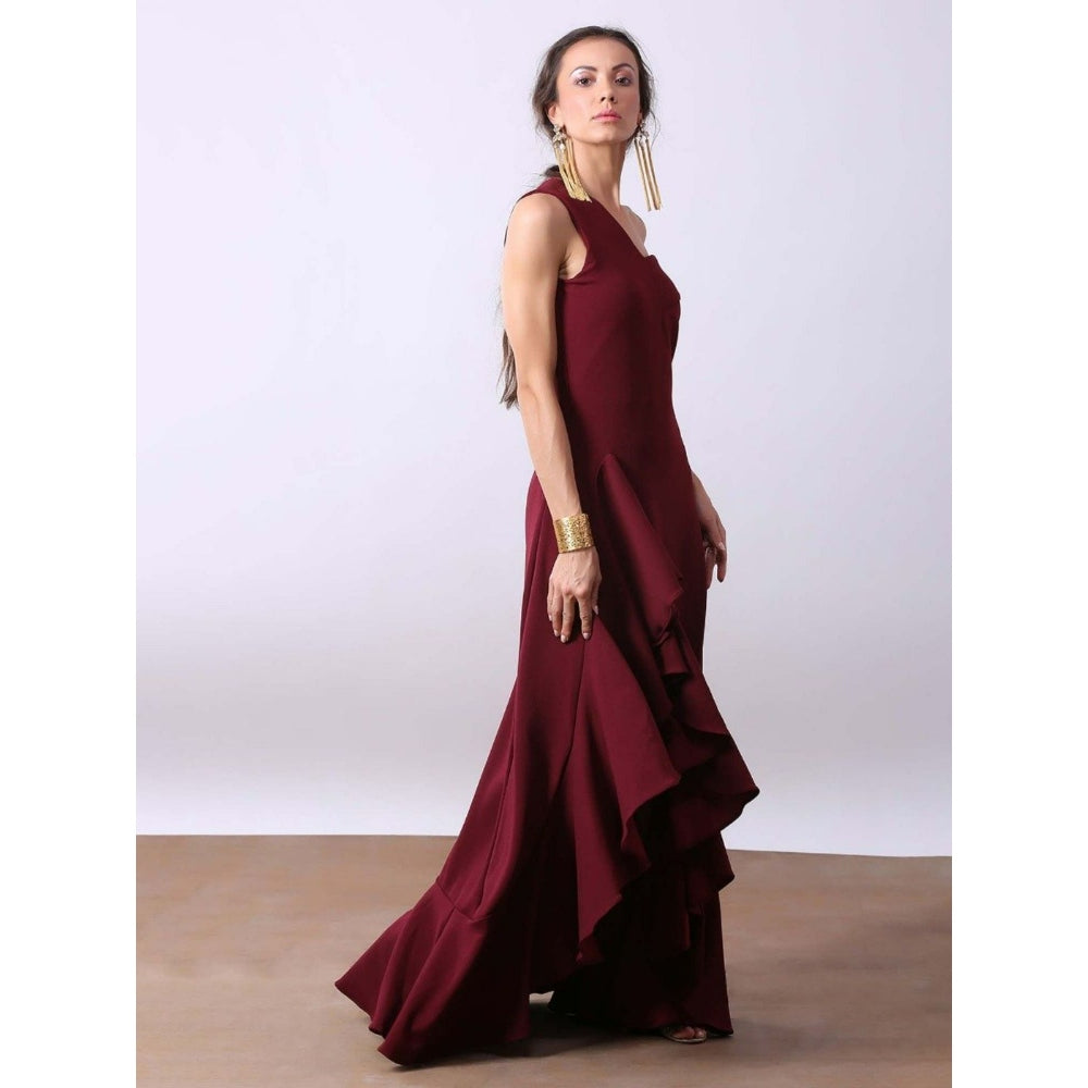 AlterEGO Bardot Ruffle Front Slit Wine Maxi