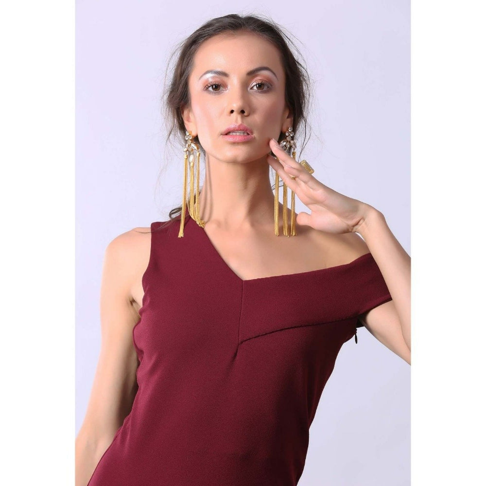 AlterEGO Bardot Ruffle Front Slit Wine Maxi