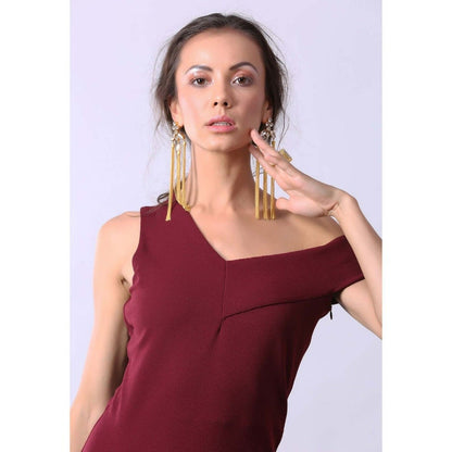 AlterEGO Bardot Ruffle Front Slit Wine Maxi